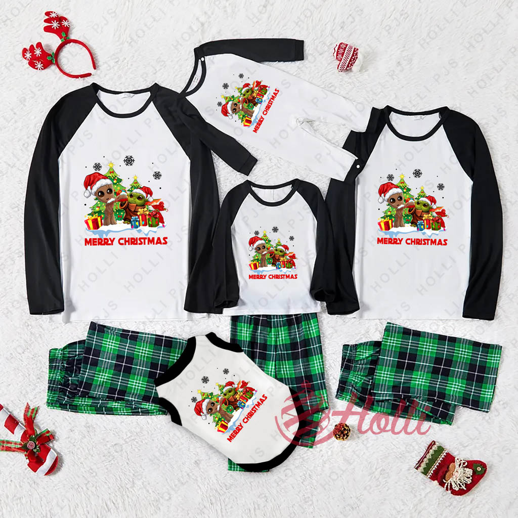 Baby Yoda And Baby Groot Merry Christmas Plaid Family Christmas Pajamas