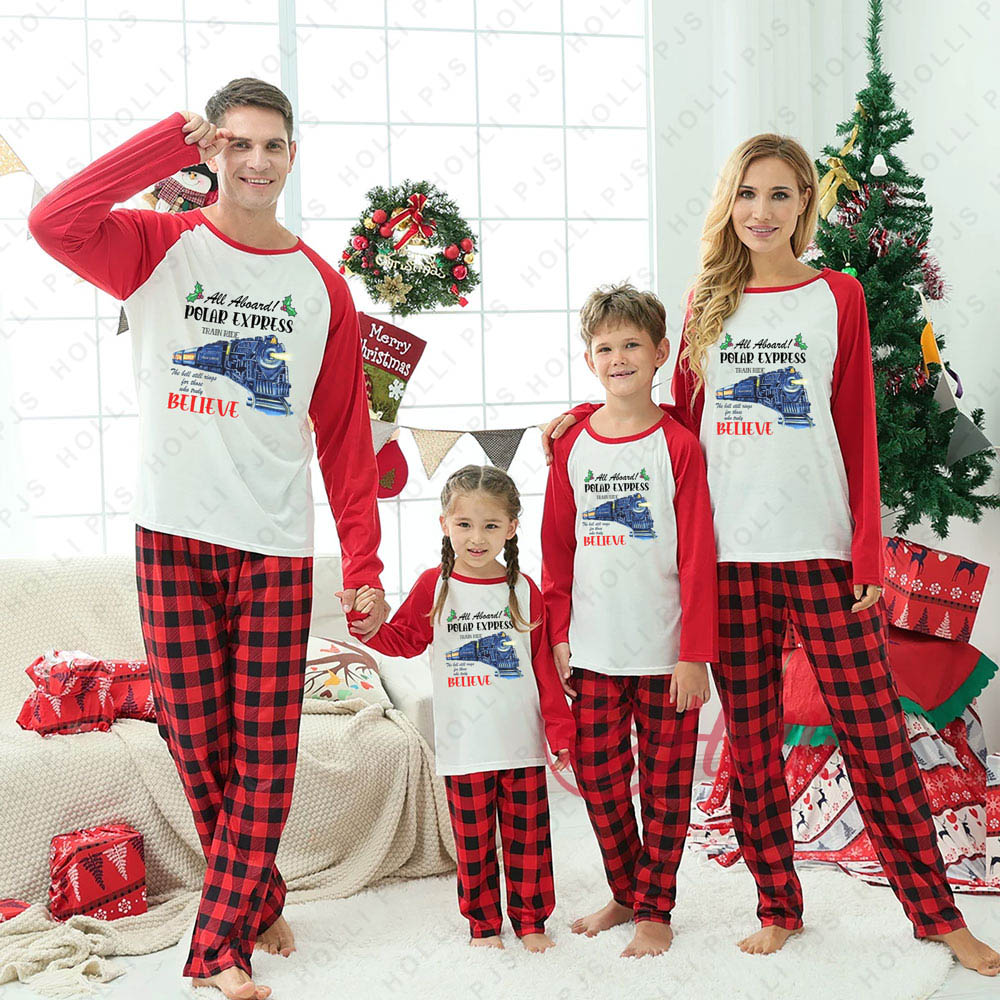 All Aboard Polar Express Train Ride Believe Funny Family Christmas Pajamas